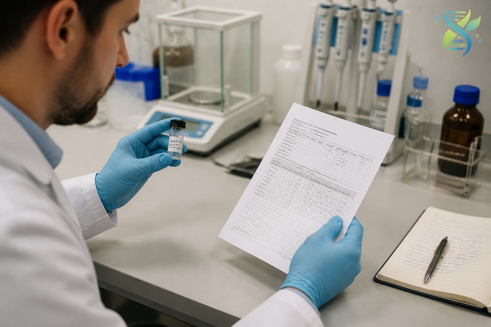 Researcher holding a peptide vial with visible batch label, reviewing a printed Certificate of Analysis document at a laboratory bench with quality control equipment and notebooks