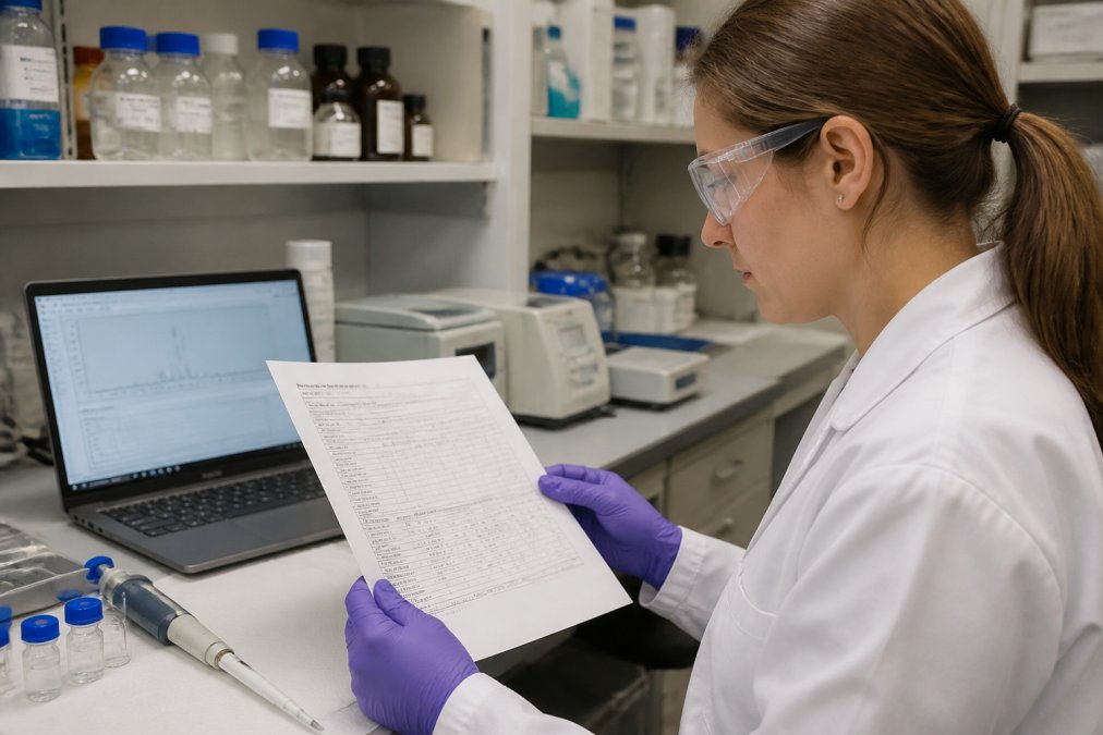 A laboratory scientist in a white coat examining a printed certificate of analysis beside a laptop showing analytical data, with sample vials and a pipette visible on a clean bench
