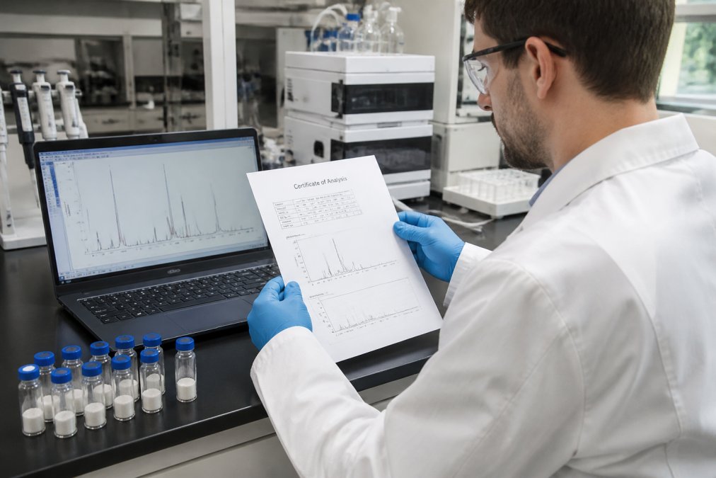 A scientist in a lab coat holding a printed Certificate of Analysis next to a laptop displaying chromatogram peaks, with vials of lyophilized peptide powder on the bench under cool overhead lighting