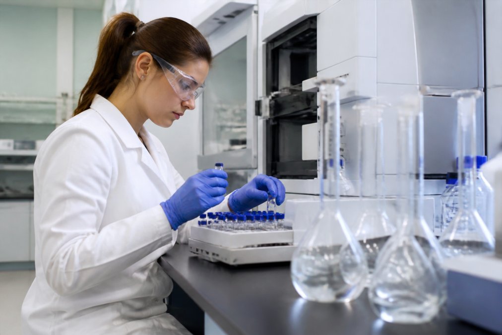 Laboratory technician examining peptide samples in analytical equipment with test tubes and chromatography instruments visible in bright laboratory setting