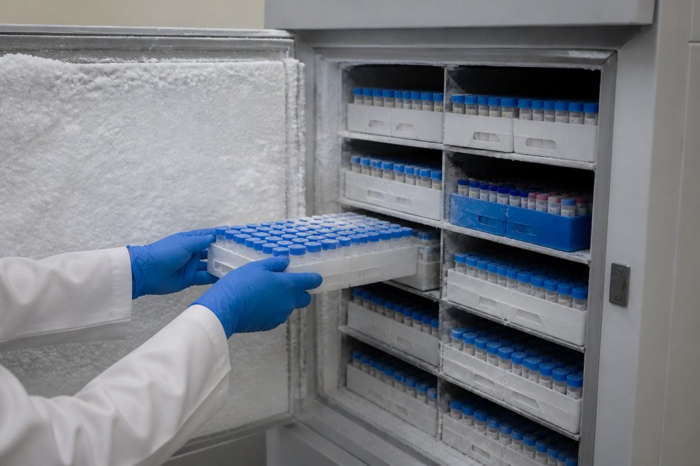 Properly organized laboratory freezer storage with labeled peptide vials in temperature-controlled conditions, showing organized rack system and clear labeling in professional research setting