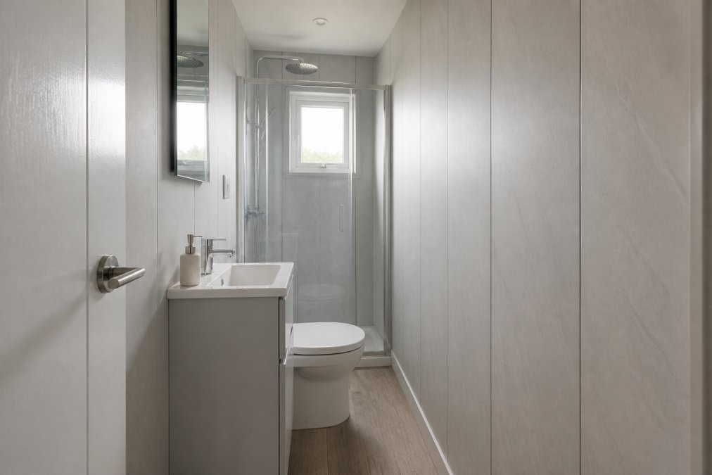Narrow en-suite bathroom with slim 250mm width wall panels installed vertically, creating a seamless finish with minimal visual seams, bright natural light from small window highlighting the uninterrupted wall surface