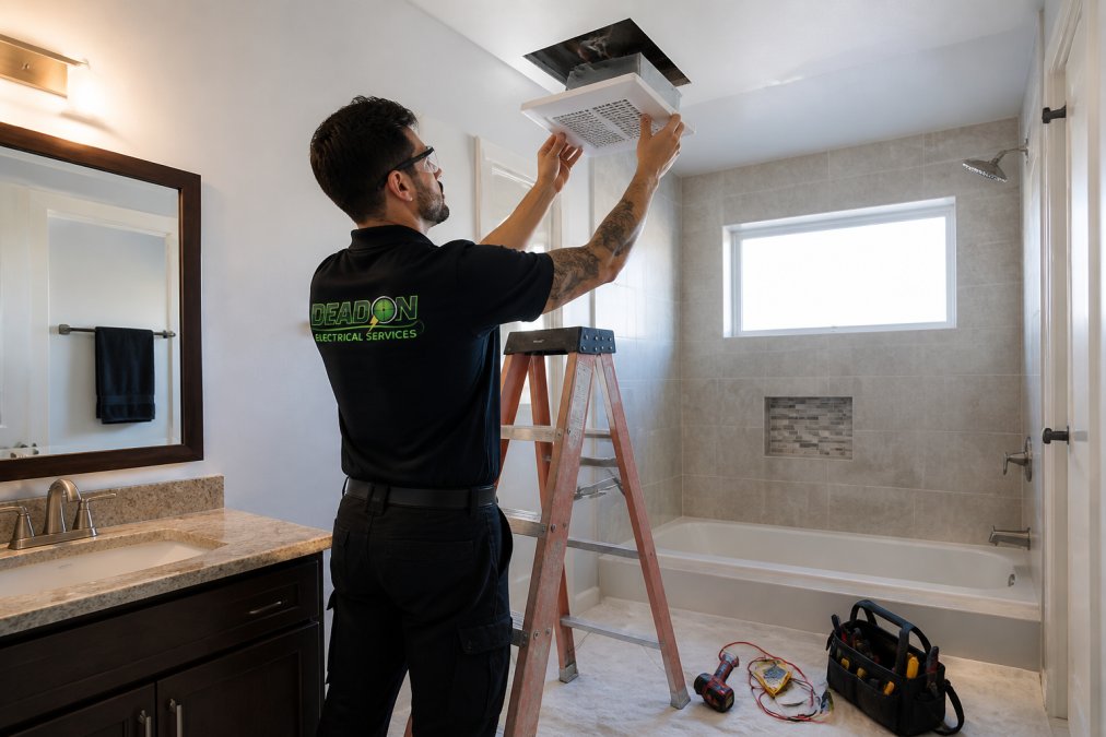 Electrician installing a white bathroom exhaust fan in a tiled residential ceiling