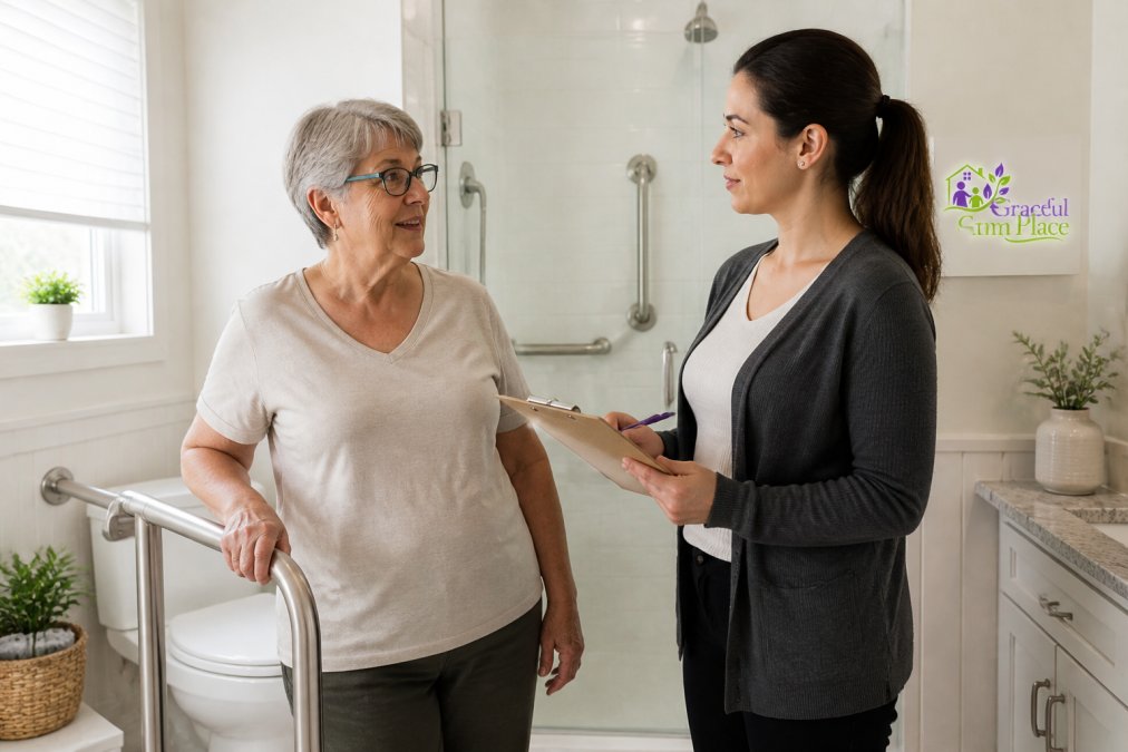 Professional illustration showing older and adult and woman concepts for bathroom grab bars