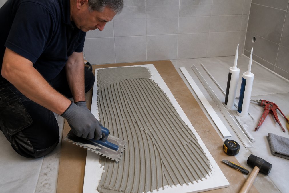 Professional tradesperson applying grey adhesive to the back of a white bathroom wall panel with a notched trowel, existing ceramic tiles visible on the substrate below, workspace organised with tools and silicone cartridges