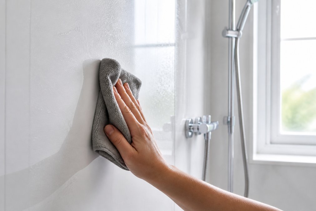 Person's hand wiping a glossy white bathroom wall panel with a soft microfibre cloth, water droplets beading on the surface, natural bathroom light streaming through a window, chrome fixtures visible in the background