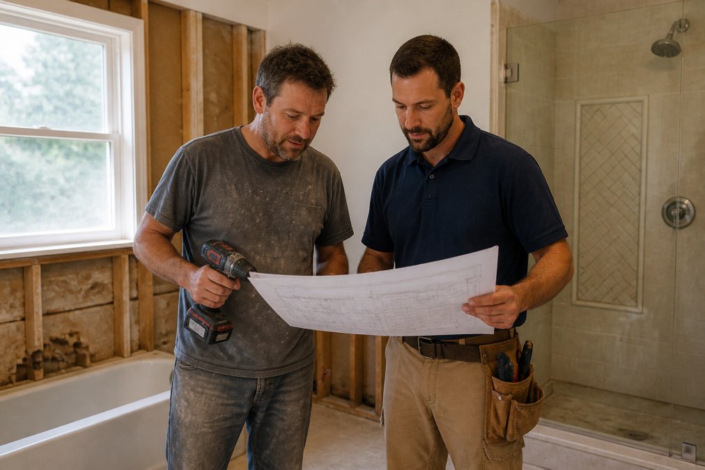 A homeowner in dusty work clothes holding a cordless drill stands beside a professional contractor in a clean uniform, both reviewing blueprints inside a half-renovated bathroom in a DFW home with natural window light