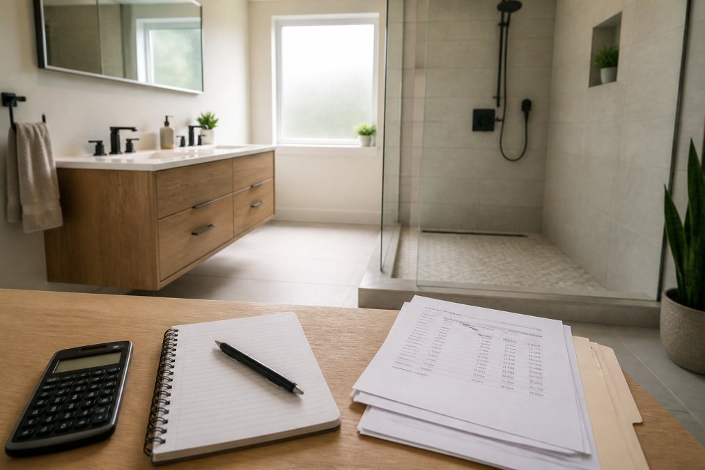 A freshly renovated mid-range bathroom with a floating vanity, large-format porcelain floor tiles, and a frameless glass walk-in shower panel, photographed in warm natural light streaming through a frosted window