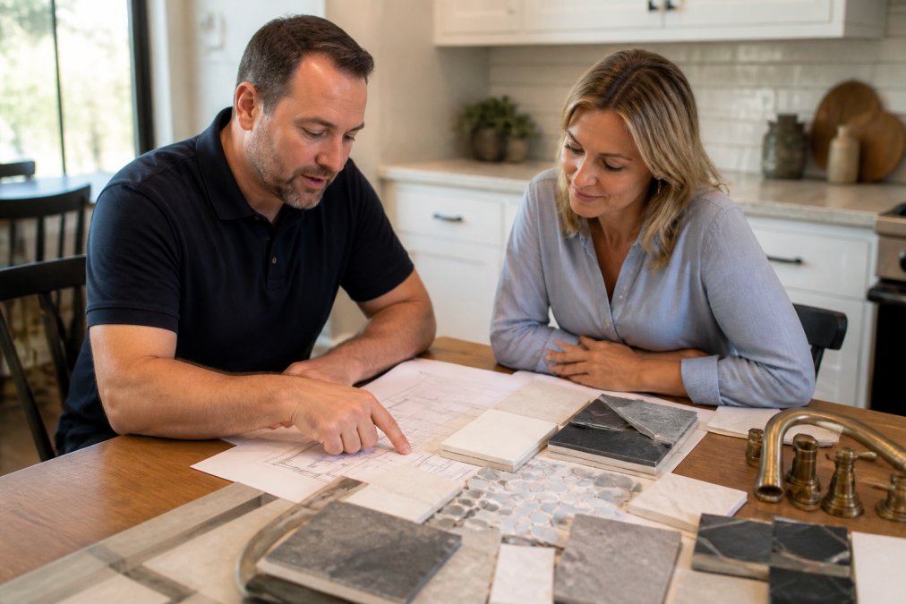 A contractor and homeowner reviewing renovation plans together at a kitchen table, material samples and tile swatches spread across blueprints in warm indoor lighting