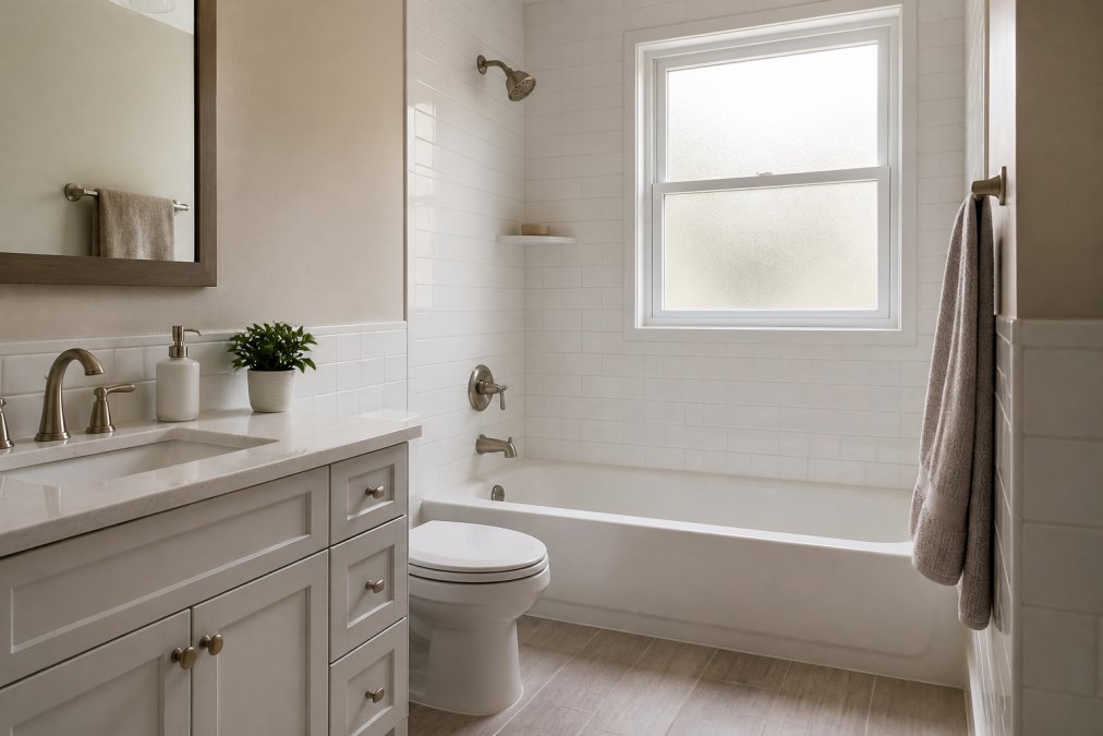 A beautifully finished mid-range bathroom with white subway tile walls, a new vanity, and brushed nickel plumbing fixtures, photographed in warm natural light streaming through a frosted window
