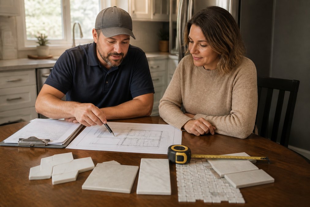 A contractor and homeowner reviewing renovation plans together at a kitchen table in warm afternoon light, with tile samples, a measuring tape, and a clipboard spread between them