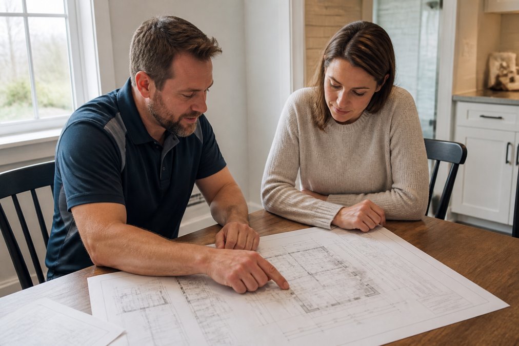 Contractor and homeowner reviewing bathroom renovation blueprints and project timeline at a wooden table with architectural plans, natural window lighting