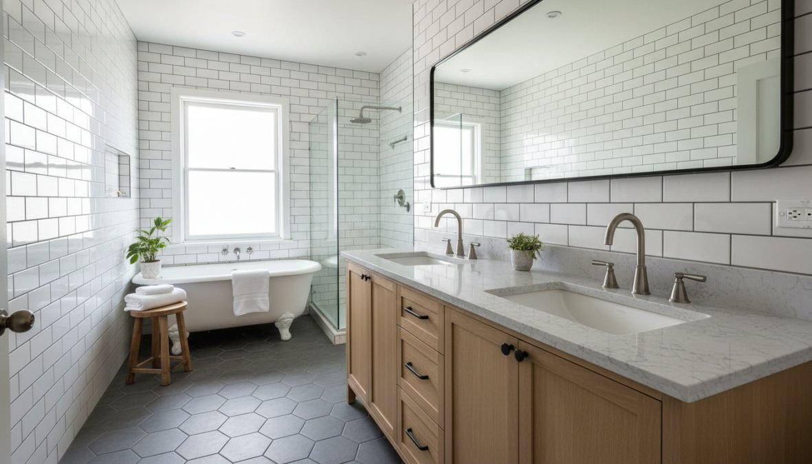 A bright, renovated master bathroom featuring a wall-mounted floating vanity with undermount sink, frameless walk-in shower with large-format porcelain tile walls, brushed nickel faucet hardware, and warm recessed lighting casting soft shadows on a polished concrete floor