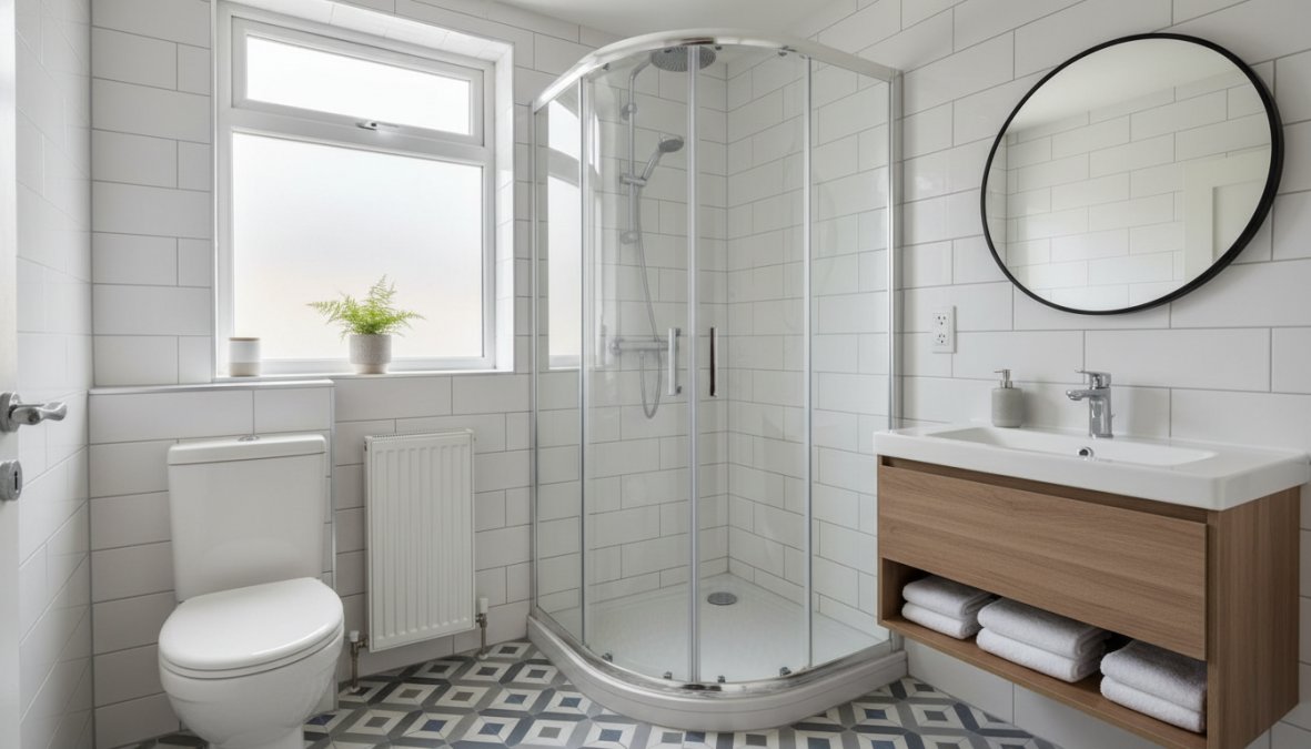 A compact, well-organized small bathroom with a corner glass shower enclosure, wall-mounted storage shelves holding neatly folded white towels, large-format light gray porcelain tile flooring, a frameless wall mirror reflecting natural light from a frosted window, and a pedestal sink with chrome fixtures