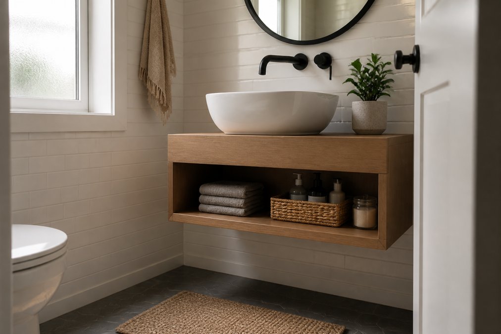 A compact, wall-mounted floating vanity in a small bathroom with a vessel sink, open shelving below, and neatly organized toiletries on white subway tile, shot in warm natural light through a frosted window