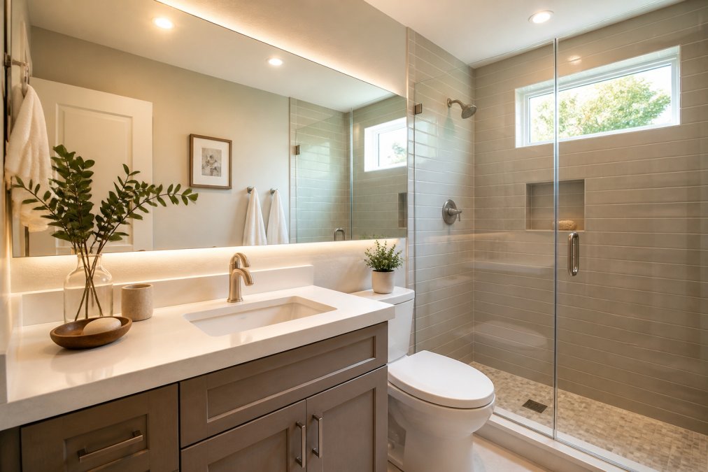 A bright, freshly renovated small bathroom with a large frameless wall mirror, soft neutral-toned subway tile, recessed LED lighting above the vanity, and a frameless glass shower enclosure creating an open, airy feel in warm afternoon light