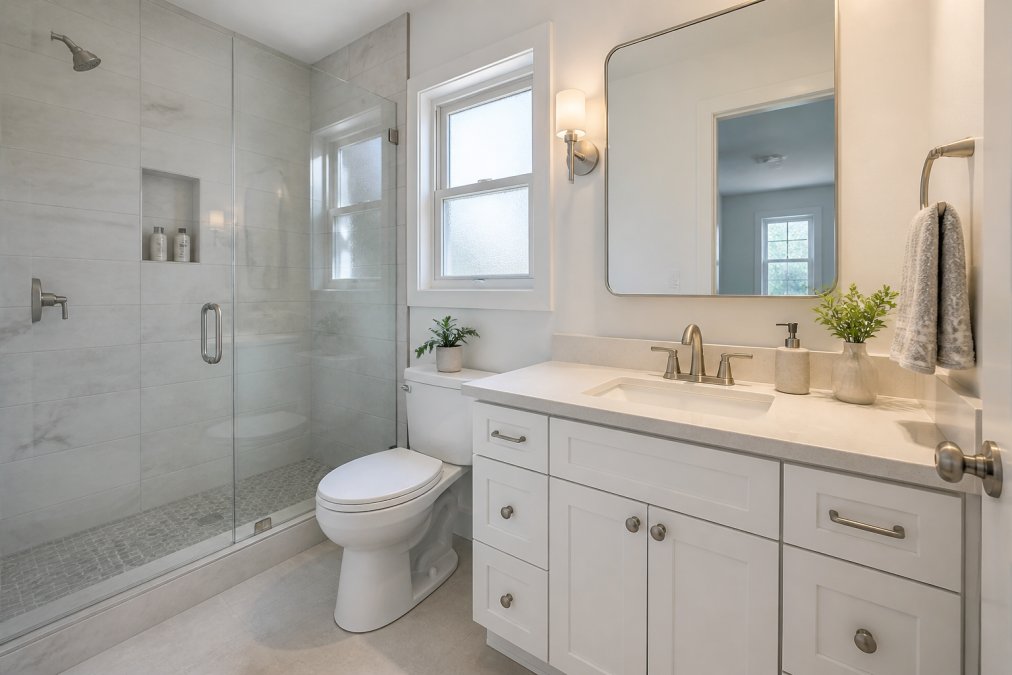 A freshly renovated bathroom in a New Jersey home with a walk-in shower, white vanity, and natural light through a frosted window