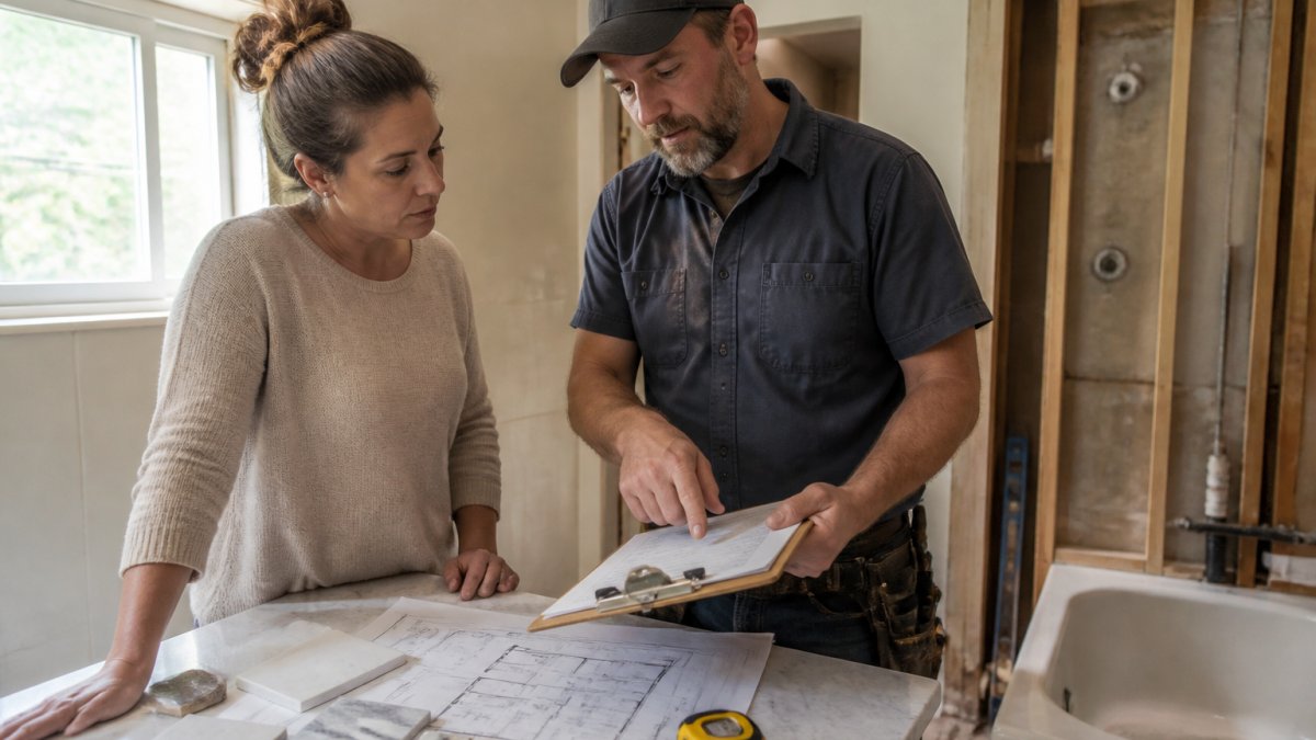 A homeowner and a contractor reviewing blueprints and a clipboard checklist on a bathroom vanity counter, with tile samples and a measuring tape nearby in a partially gutted bathroom