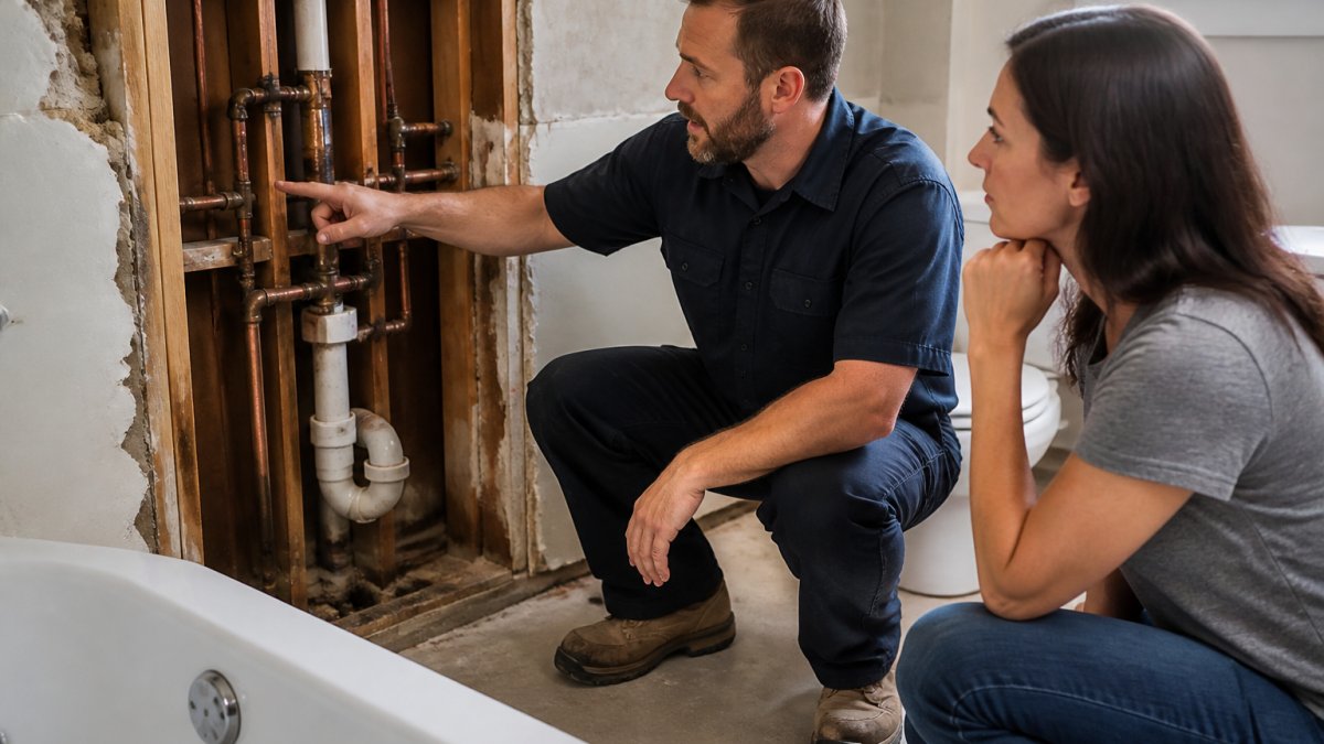A licensed plumber in work clothes kneeling beside an open bathroom wall, pointing at copper supply lines and a drain-waste-vent stack while a homeowner watches