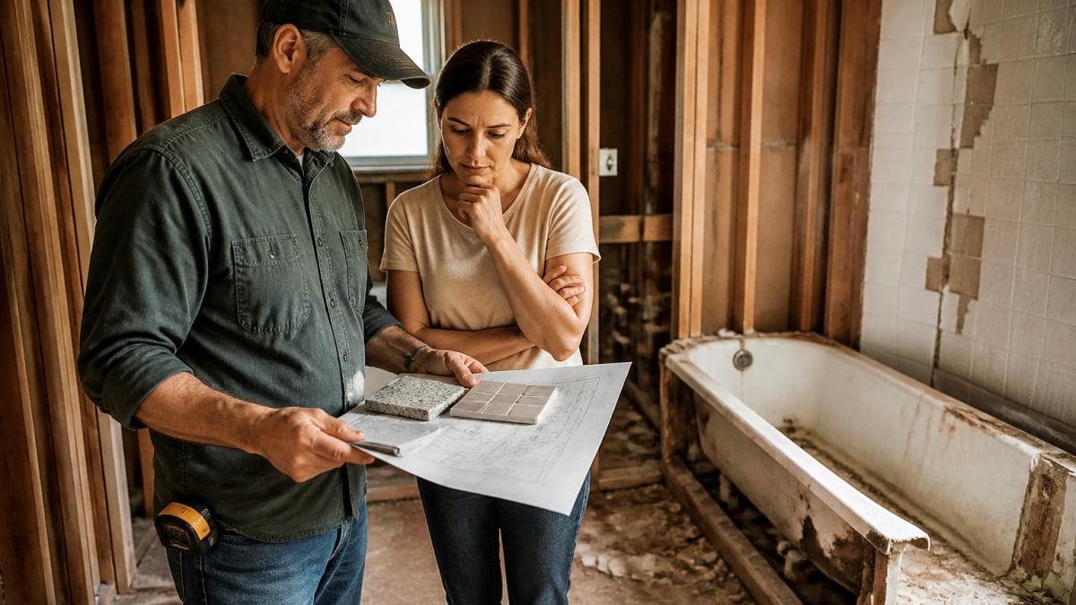 A contractor in work clothes reviewing blueprints and material samples with a homeowner in an unfinished bathroom with exposed wall studs and a bathtub being removed