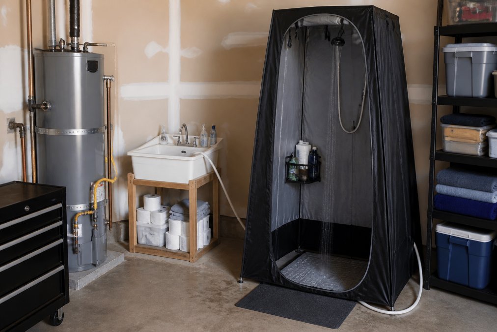 Family bathroom setup with portable shower tent and temporary sink station in garage during home renovation, showing hot water heater connection and organized supplies