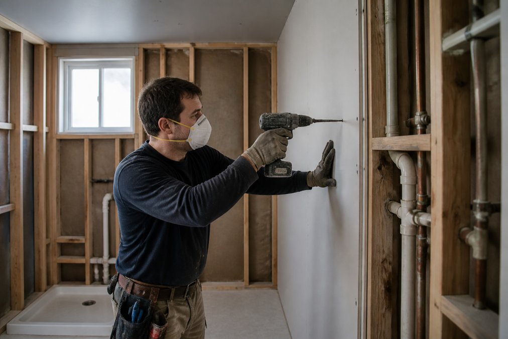 A contractor in a dust mask installing new drywall in a bathroom stripped to the studs, with new plumbing rough-ins visible in the background and natural light coming through a small window