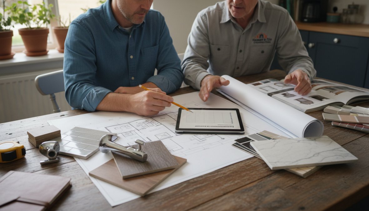 A homeowner and a contractor sitting across from each other at a kitchen table, reviewing blueprints and a handwritten checklist together, with tile samples, plumbing fixture brochures, and a measuring tape spread out between them under warm overhead lighting