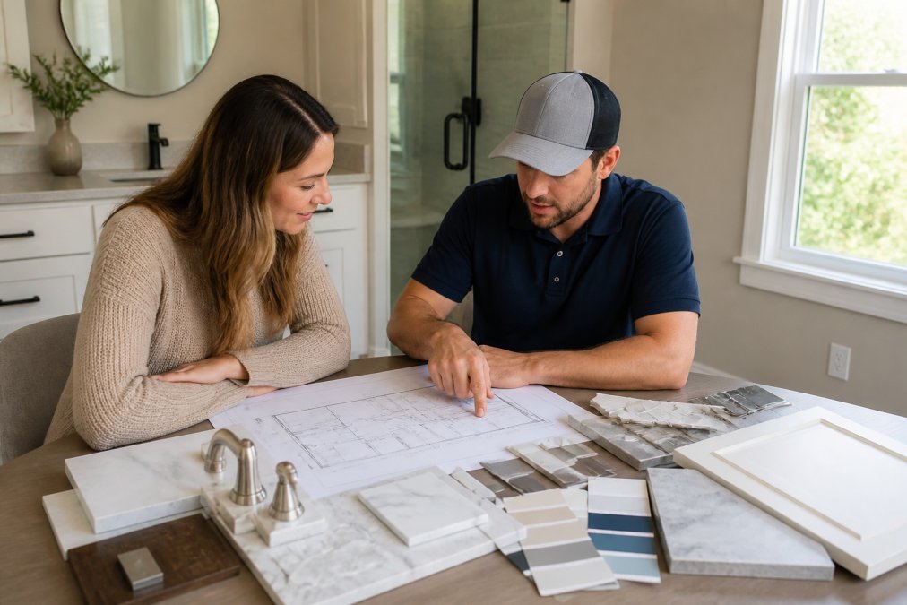 Homeowner and contractor reviewing bathroom renovation blueprints and design plans together at a table with samples of tile, fixtures, and paint swatches in natural daylight