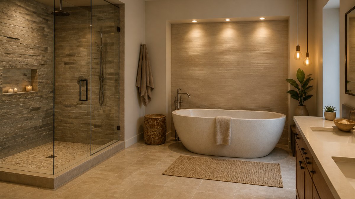 Serene bathroom with a spacious walk-in shower featuring natural stone tiles, soft ambient lighting from recessed fixtures, a soaking tub with organic textured finishes, and neutral earthy tones creating a spa-like sanctuary