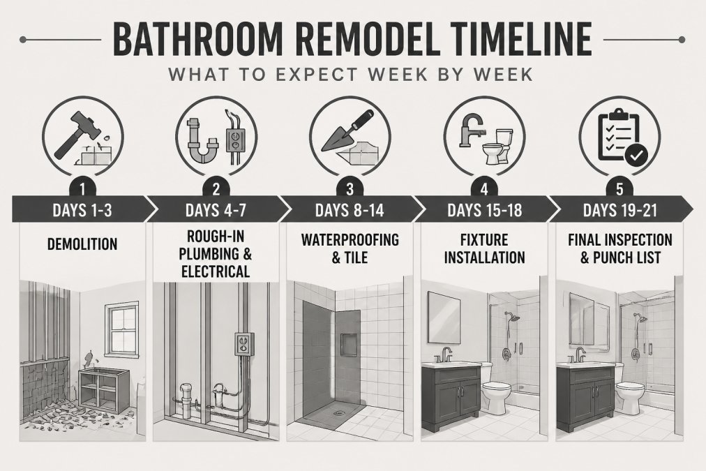 Three-week bathroom remodeling timeline infographic detailing demolition, utility rough-ins, tiling, and final installs.