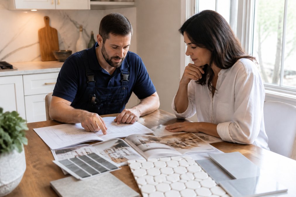A licensed contractor in work attire reviewing renovation plans with a homeowner at a kitchen table, new bathroom tile samples and fixture brochures spread between them, bright natural light through a window