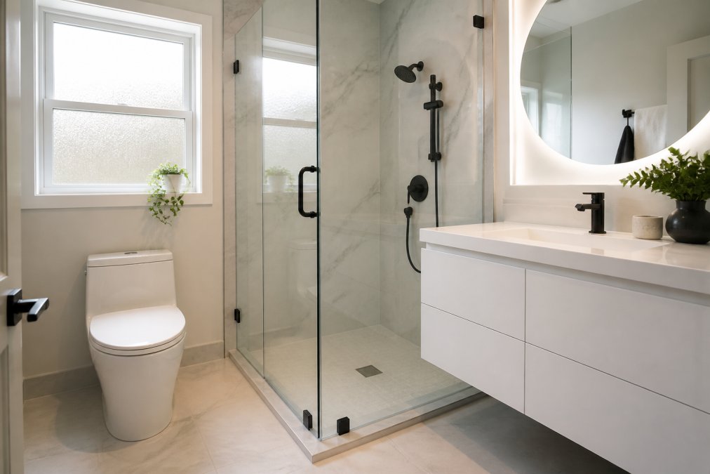 A freshly completed modern bathroom renovation showing a clean white floating vanity, frameless glass shower enclosure, and large-format floor tiles with warm natural light coming through a frosted window