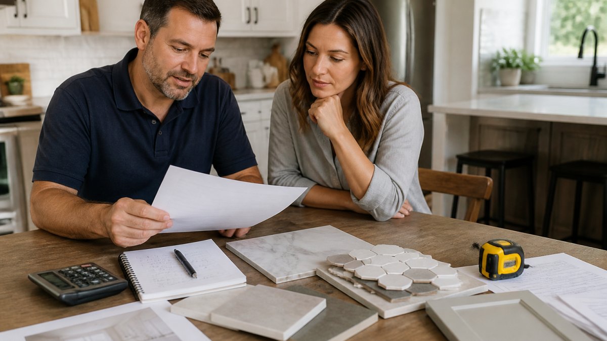 A contractor and homeowner reviewing a printed renovation quote and material samples on a kitchen table, with tile swatches and a measuring tape nearby in a bright home