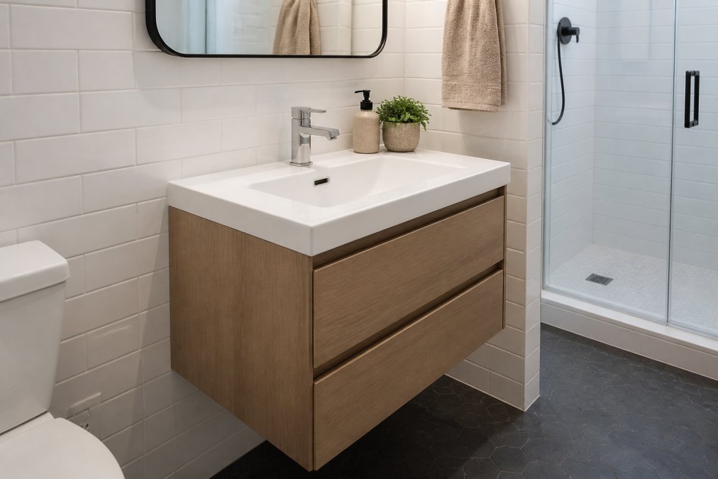 Close-up of a modern wall-mounted floating vanity with an integrated ceramic sink and soft-close drawers, installed against clean white subway tile walls in a compact bathroom with bright overhead lighting
