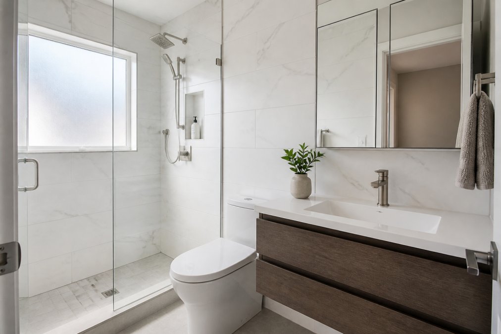 A beautifully renovated small bathroom with a frameless walk-in shower, wall-mounted floating vanity, large-format white tiles, and a recessed mirrored medicine cabinet, photographed in bright natural light streaming through a frosted window