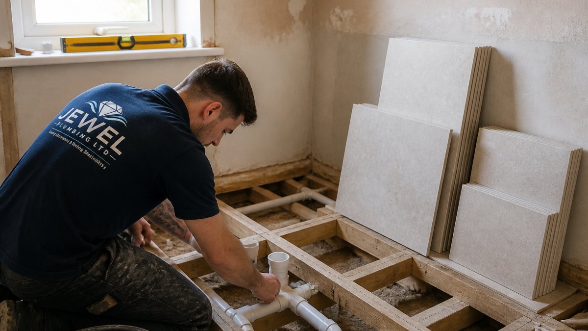 A plumber in work clothes fitting pipework beneath a stripped-out bathroom floor, with tiles stacked against a bare wall and a spirit level on the windowsill