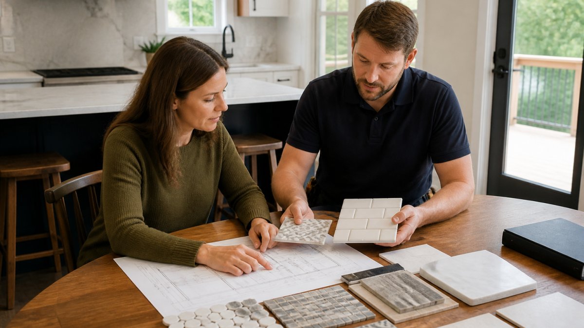 A homeowner and a remodeling contractor reviewing bathroom tile samples and a floor plan on a kitchen table in a bright home
