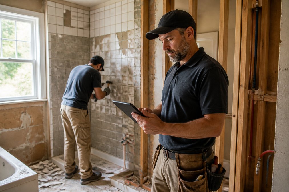 A remodeling contractor in a partially demolished bathroom reviewing plans on a tablet while a worker removes old tile in the background, natural light streaming through a window