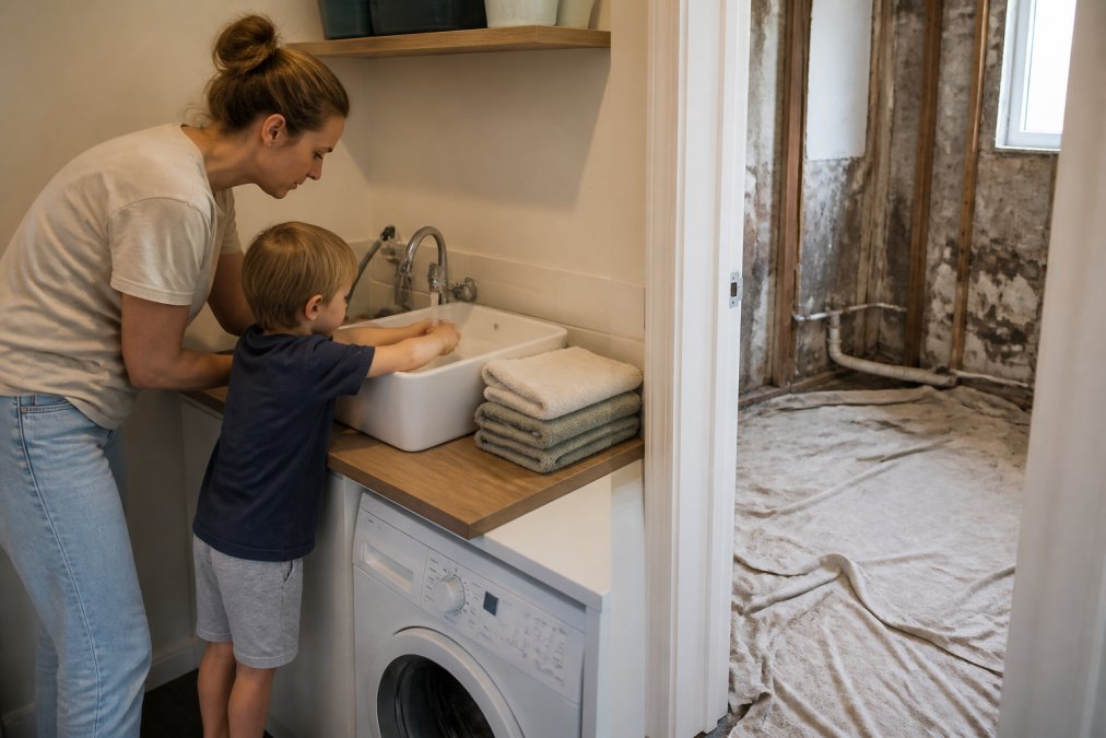 A parent helping a young child wash hands at a temporary basin set up on a laundry bench, with folded towels nearby and dust sheets visible through an open doorway into a stripped bathroom