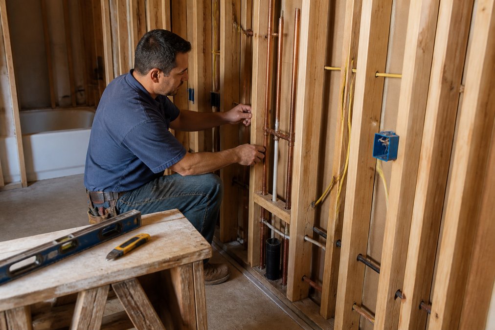A contractor in a work shirt installing copper pipes and wiring in the open wall studs of a residential bathroom under renovation, with a utility knife and level on a nearby sawhorse