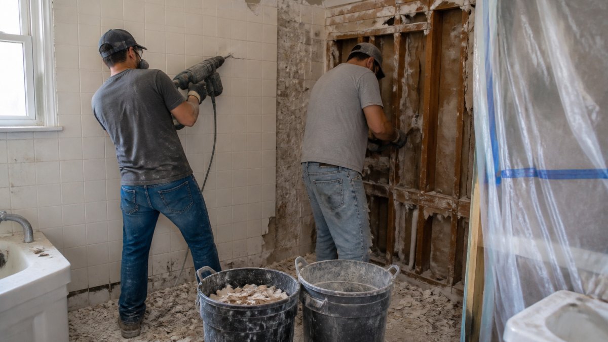 Contractor team using pneumatic tools and hand tools to remove old tile, fixtures, and drywall from bathroom walls, with debris in buckets and dust protection visible