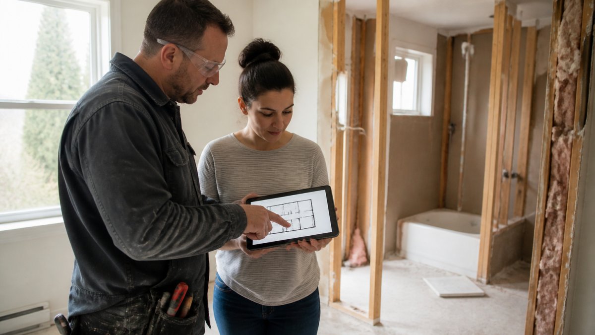 A renovator in work clothes and safety glasses showing a homeowner a bathroom layout plan on a tablet inside a bright North Vancouver home with a partially demolished bathroom behind them
