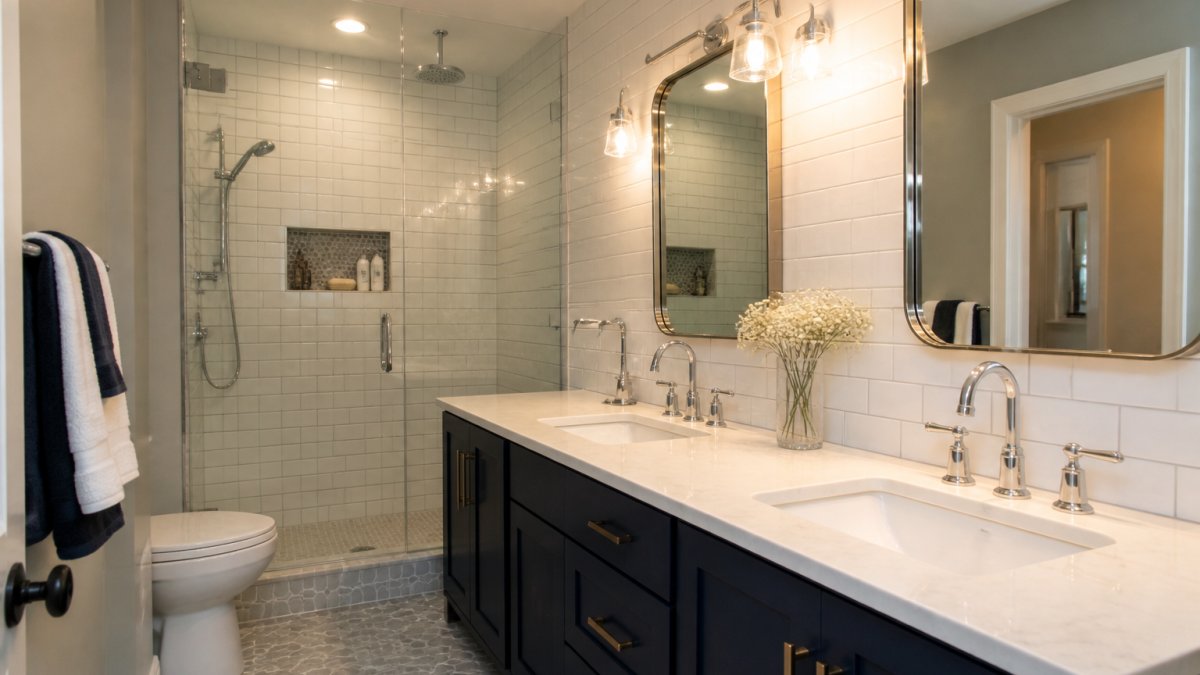 Modern renovated bathroom with white subway tile walls, contemporary vanity with dual sinks, chrome fixtures, and warm lighting in a residential home setting