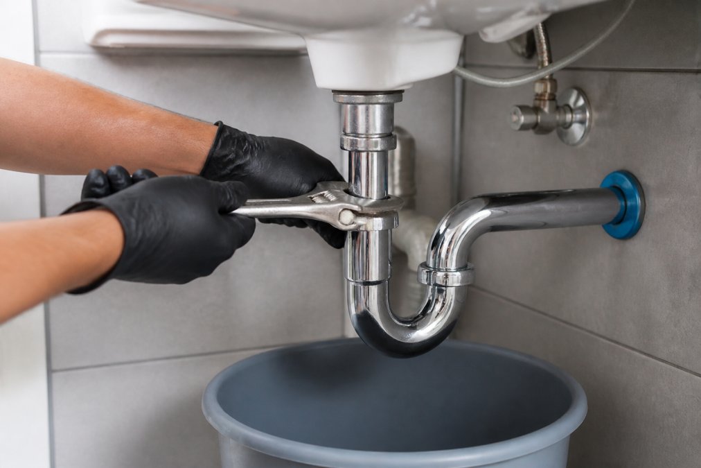 Technician using a wrench to loosen a P-trap for a bathroom sink repair with a bucket underneath to catch water.