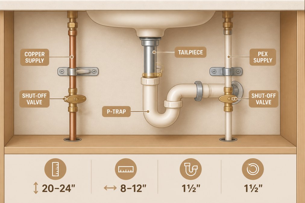 Professional illustration showing bathroom vanity installation