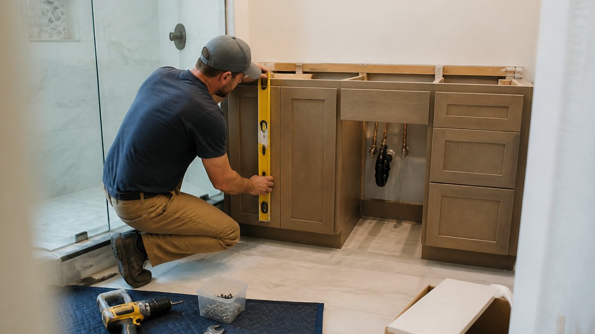 Professional installer carefully measuring and positioning a new bathroom vanity cabinet while checking plumbing connections, with tools and materials visible on the floor