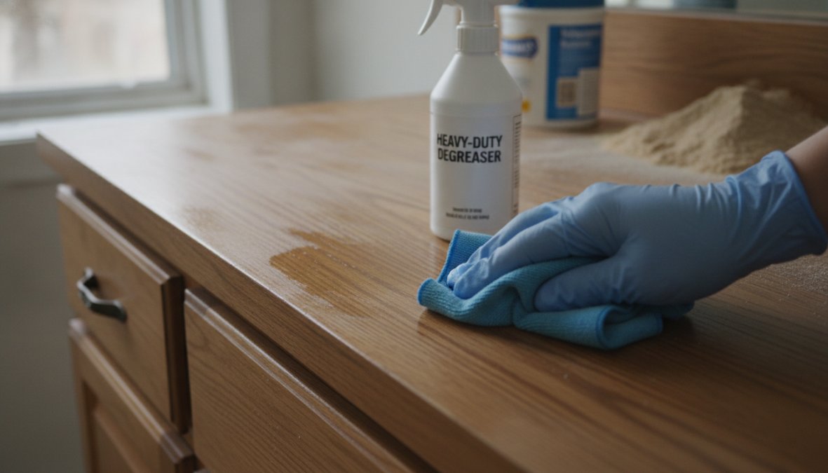 Close-up of hands using fine-grit sandpaper on a bathroom vanity cabinet door surface, with a tack cloth and spray degreaser bottle visible on a drop cloth in a well-lit bathroom