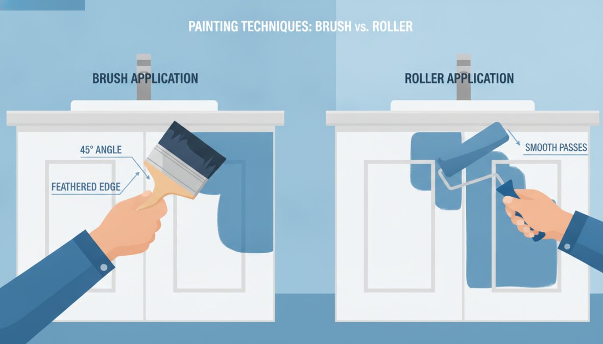 Professional painter carefully applying white paint to a bathroom vanity cabinet door with an angled sash brush, showing precise brush positioning along a recessed panel edge, in a bright bathroom with natural light
