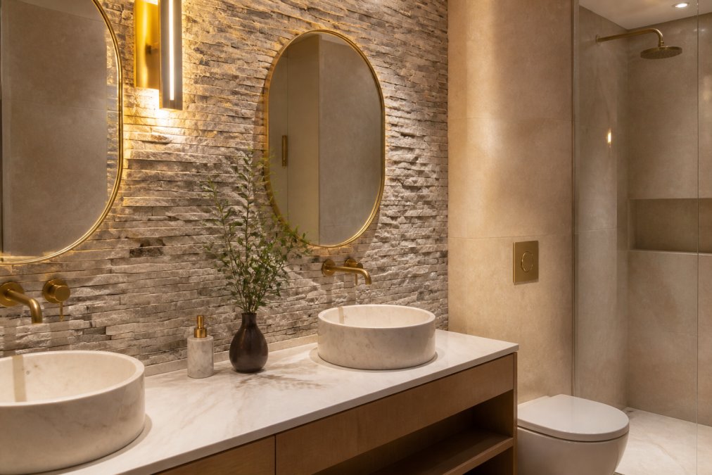 Luxury bathroom featuring stacked natural stone veneer on accent wall behind vanity, with warm golden lighting highlighting texture and color variation in slate gray and cream tones