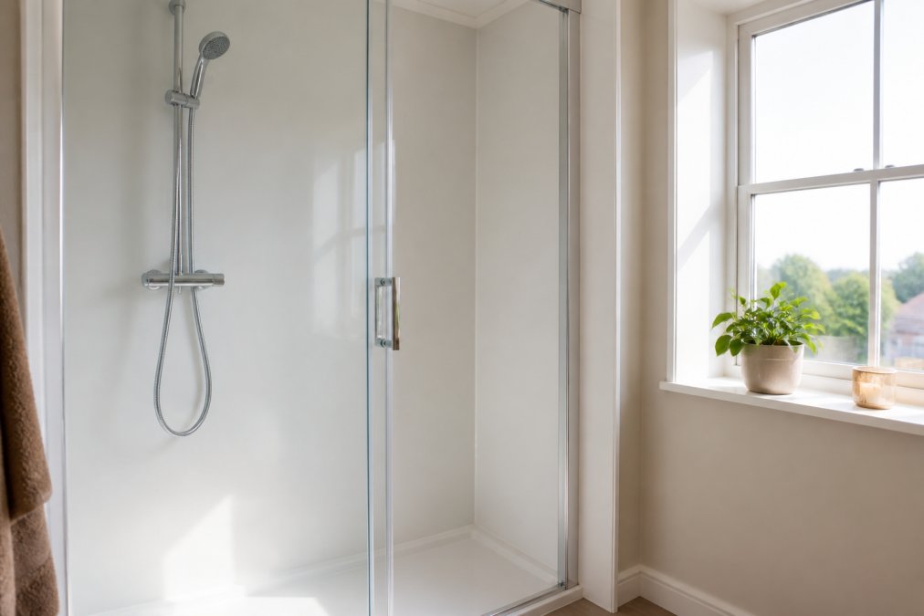 A well-maintained bathroom shower enclosure with clean white PVC wall panels and pristine silicone sealants around all joints, bright natural light streaming through a window, demonstrating a mould-free wet wall environment